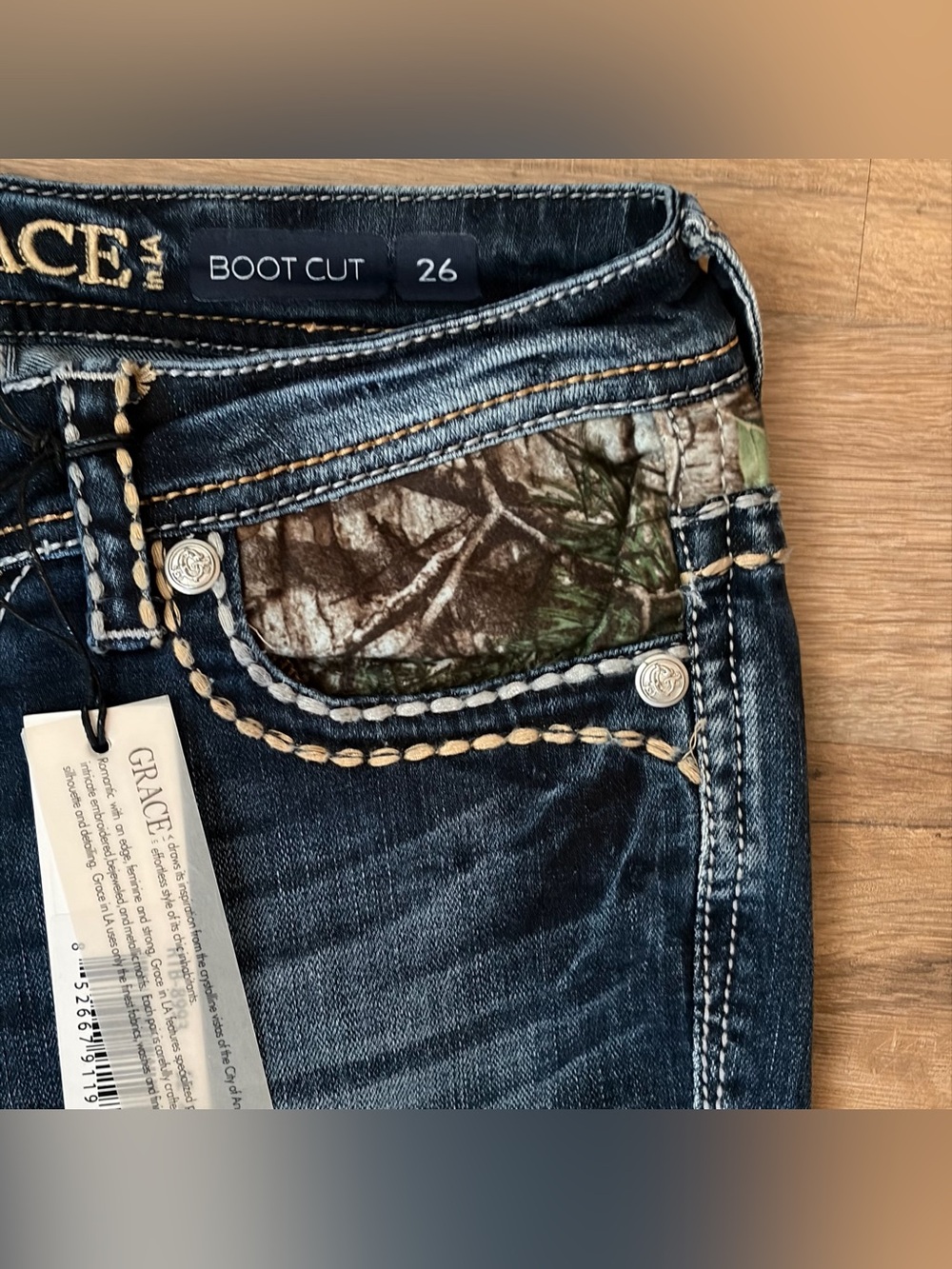 Grace in LA Camo Yoke Embellished Distressed Bootcut Jeans 2/26 NWT - Picture 4 of 10